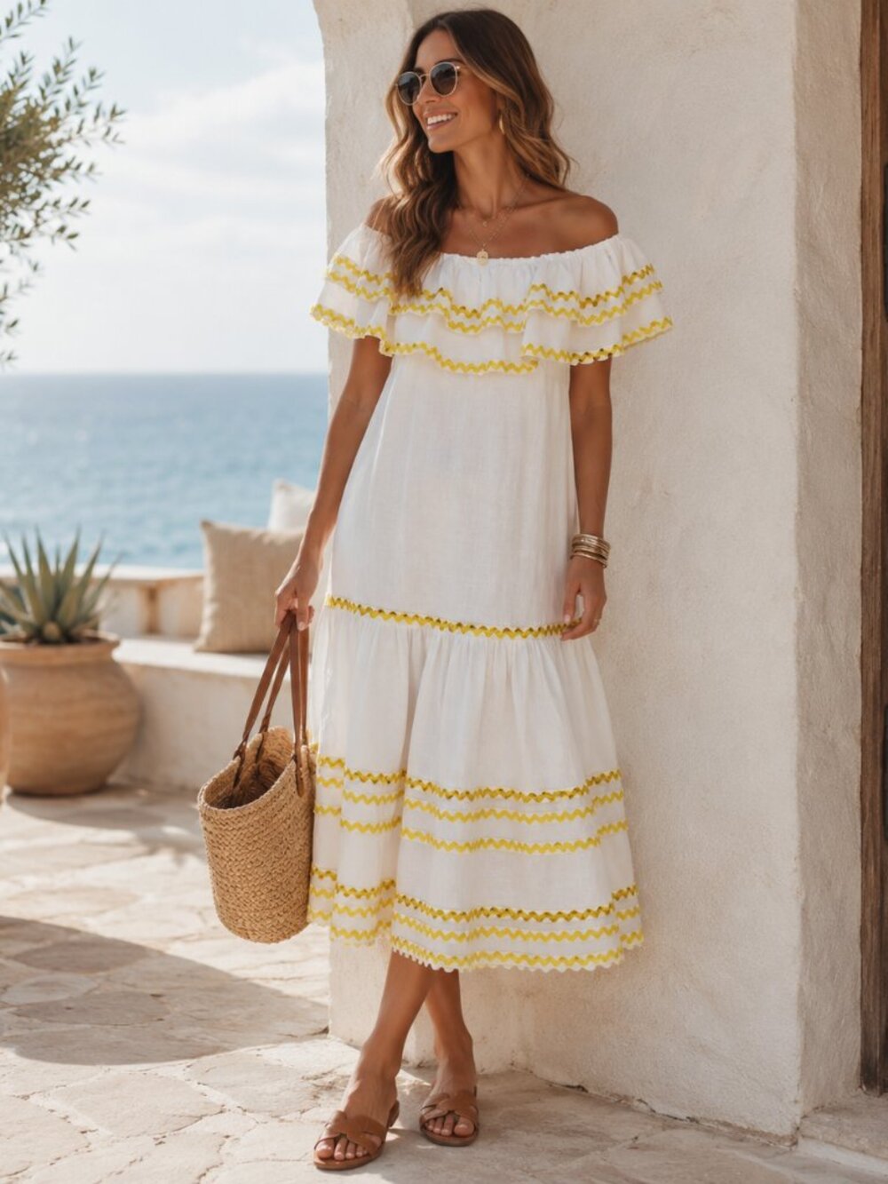 Lisa Marie Fernandez Target Dress XS White Off Shoulder Ric Rac Linen Resort Boh